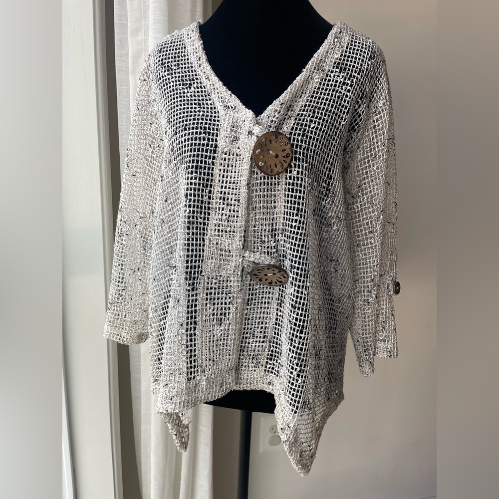 Nina Leonard Open-Weave Button Knit Cardigan in Cream  Size L